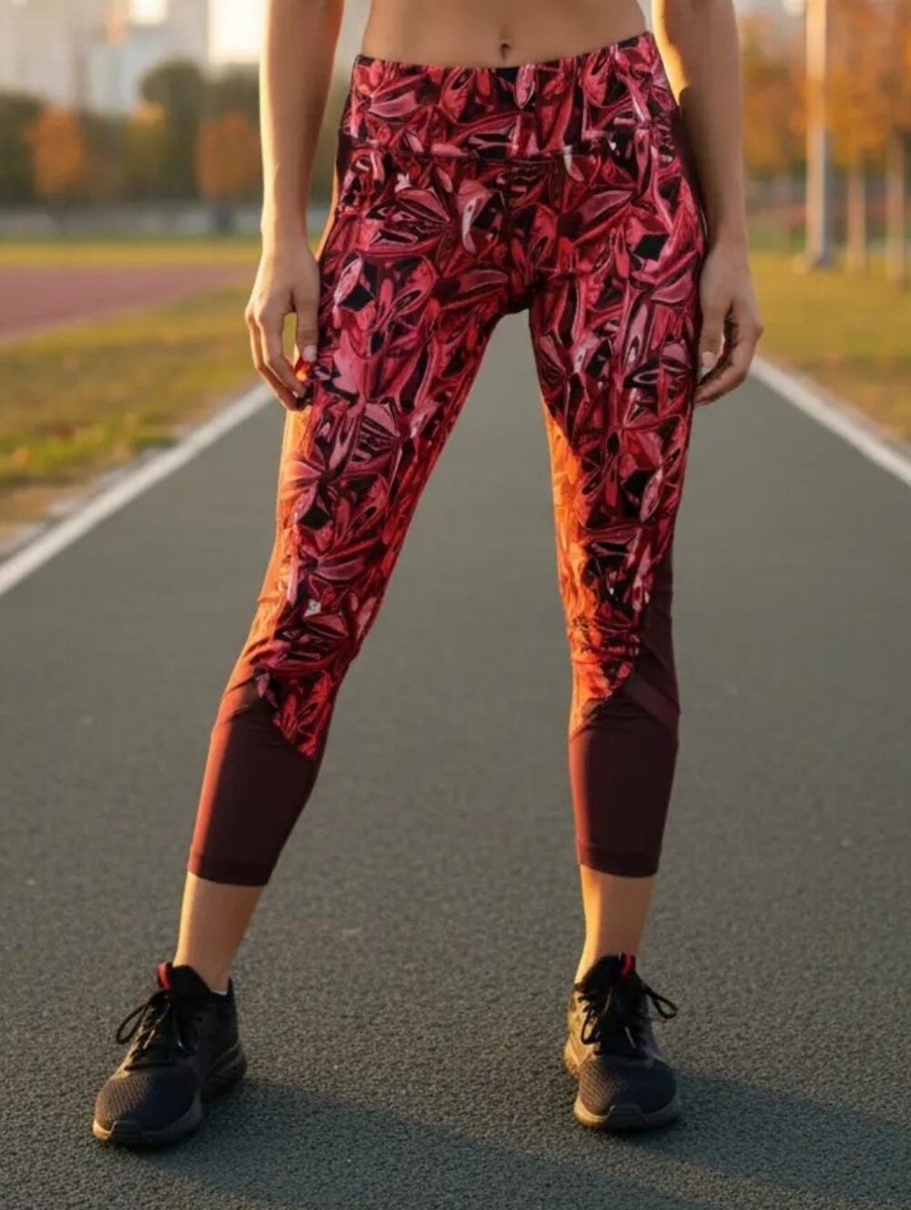Avia Red & Burgundy Artsy Cropped Capri Workout Leggings Sporty Girl S